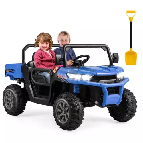 Electric Blue 2 Seater UTV Dump Truck with Remote Control, Dump Bed, and Shovel